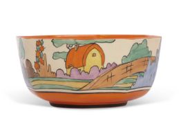 A Clarice Cliff octagonal bowl with the red roof cottage pattern, factory mark with Fantasque