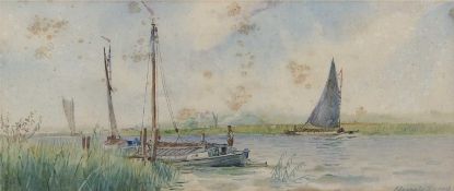 John Francis Rennie (Scottish, fl.1900-1930), Wherries on the Broads, watercolour, signed,19.5x47cm,