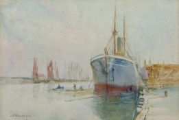 John Francis Rennie (Scottish, fl.1900-1930), Harbour scene with a moored ship, watercolour,
