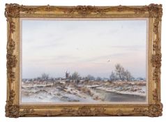 Colin Burns (b.1944), Winter Landscape with a Heron on the bank, oil on canvas, signed, 49x74.5cm,