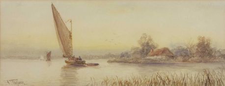 A.Turner (British 20th century), Wherry on the Broads, watercolour, signed,16.5x43cm, framed and