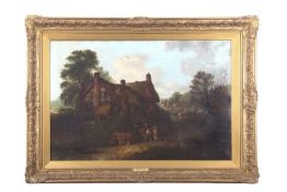Edward Robert Smythe (British,1810-1899) Rural landscape with figures and animals by a cottage,