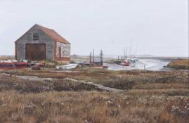 Peter Barker (British, b.1954), Norfolk estuary, oil on board, signed, 29.5x19.5cm, framed