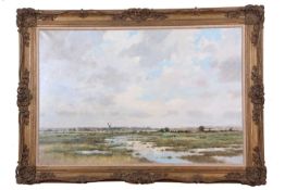 Colin Burns (b.1944), inscribed on frame verso 'Horsey Mill', oil on canvas, signed, 59.5x90cm,