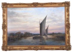 Colin Burns (b.1944), Wherries on the Norfolk Broads, oil on canvas, signed, 59x90cm, framed