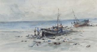 Jack Cox (British,1914-2007), Fishermen with beached fishing boats, watercolour, signed, 35x18cm,