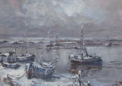 Jack Cox (1914-2007), Fishing boats at Wells (frozen), oil on board, signed,13x18cm, framed and