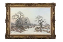 Colin Burns (b.1944), Winter landscape with a mallard in flight by a thicket at sunset, inscribed on