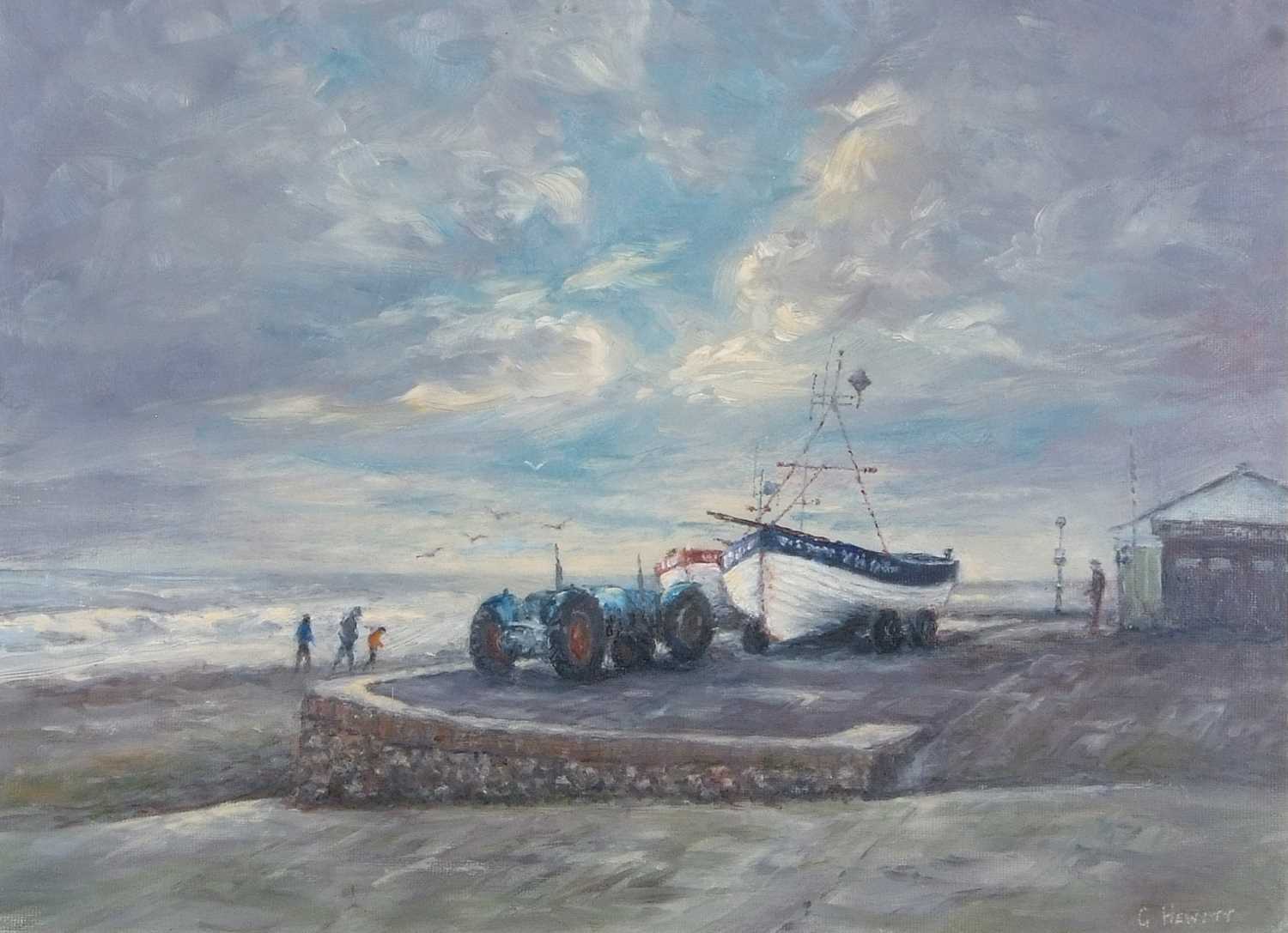 George Hewitt (British, 20th century), 'Fishing Boats at Cromer' oil on paper laid onto board, - Image 3 of 3