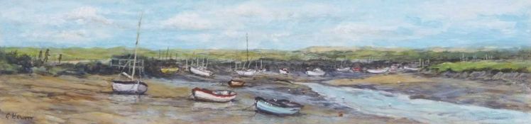 George Hewitt (British, 20th century), 'Low-Water-Morston', acrylic on board, signed, 7.5x31.5cm,