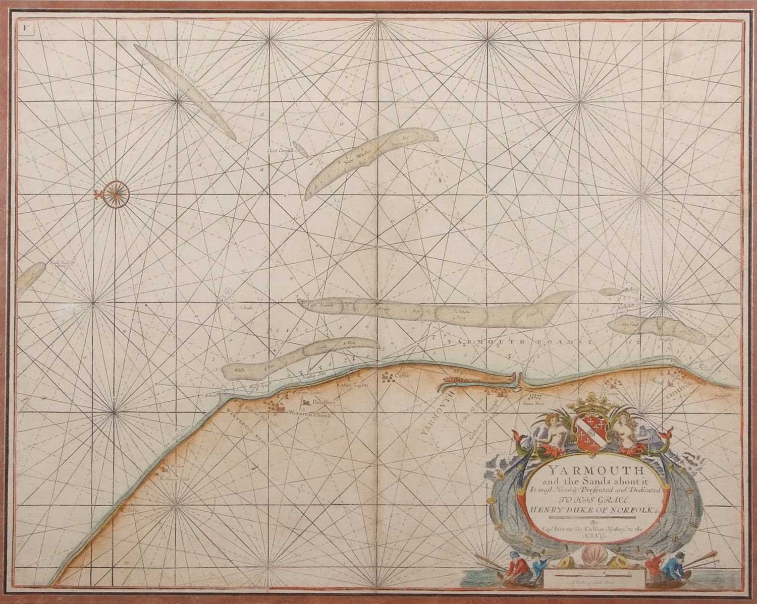Capt. Greenville Collins (1624-1694), 'Yarmouth and the Sands about it', hand coloured copper - Image 3 of 9