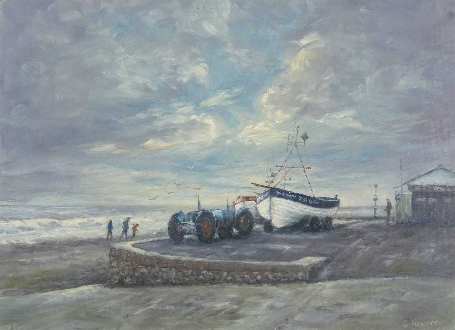 George Hewitt (British, 20th century), 'Fishing Boats at Cromer' oil on paper laid onto board,