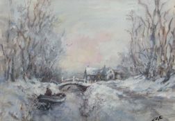 Jack Cox (1914-2007), Winter landscape with a figure in a rowing boat before a bridge and