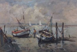 Jack Cox (1914-2007), Fishermen attend to beached boats, watercolour, signed, 47.5x70cm, framed