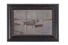 Owen Waters (1916-2004), Harbour view, oil on board, signed, 22x14.5cm, framed
