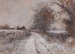 Owen Waters (1916-2004), A view across a country lane and countryside covered in snow, oil on board,