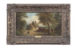 John Moore (1820-1902), Rural landscape with two figures walking a pathway towards a cottage, oil on