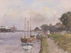 Owen Waters (1916-2004), Two figures walk a broadland riverbank, oil on board, signed, 29.5x21cm,