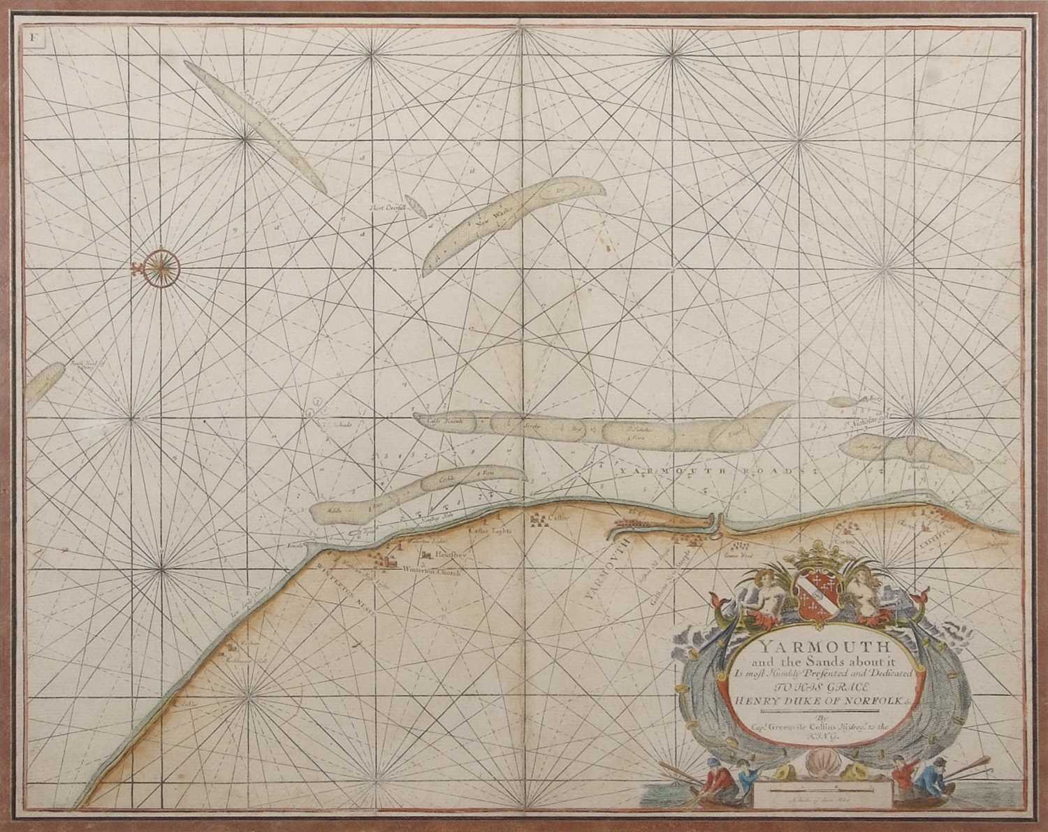 Capt. Greenville Collins (1624-1694), 'Yarmouth and the Sands about it', hand coloured copper - Image 7 of 9