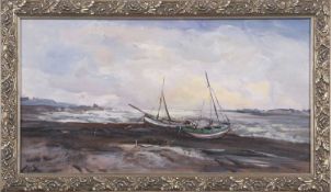 Jack Cox (British, 1914-2007), Beached boats on the shoreline, oil on board, signed, 32.5x17cm,