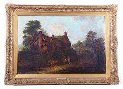Edward Robert Smythe (British,1810-1899) Rural landscape with figures and animals by a cottage,