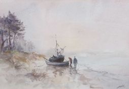 Jack Cox (1914-2007), Moored fishing boats with two figures, watercolour, signed, 27x38cm, framed