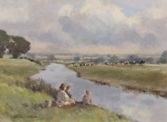 Owen Waters (1916-2004), Pastoral landscape with grazing cattle and figures residing by a river, oil