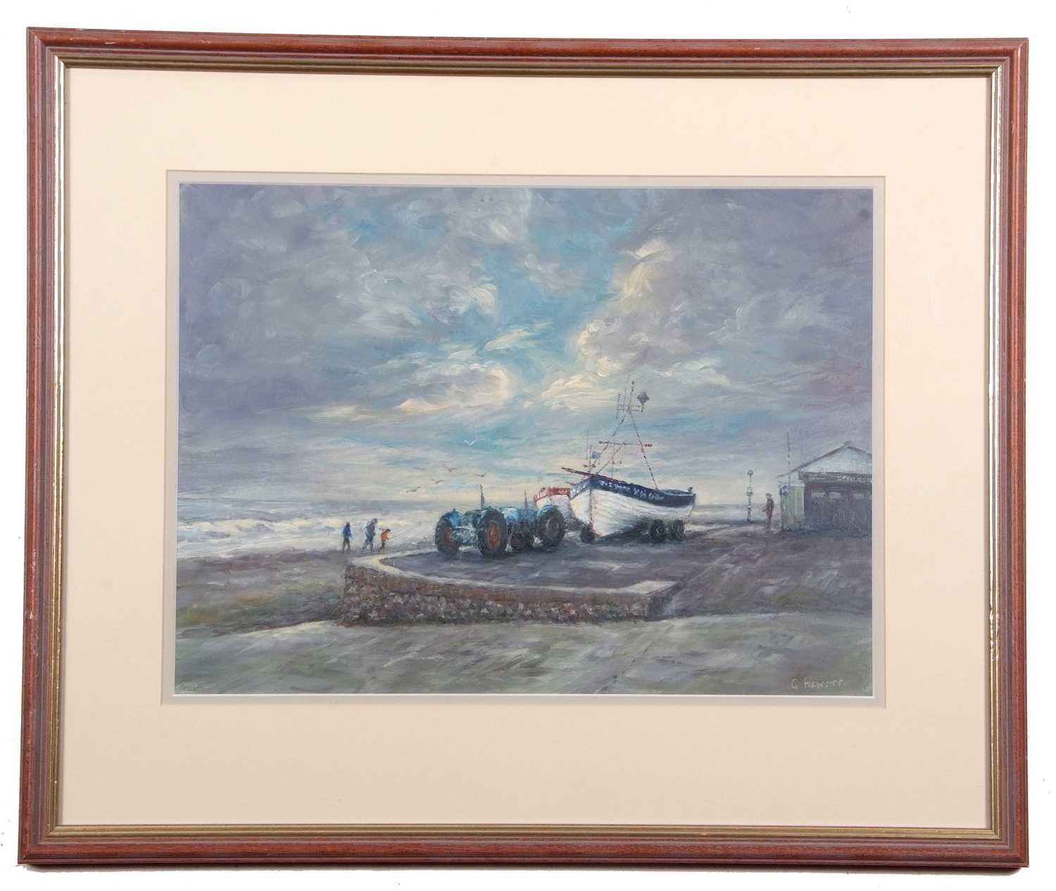 George Hewitt (British, 20th century), 'Fishing Boats at Cromer' oil on paper laid onto board, - Image 2 of 3