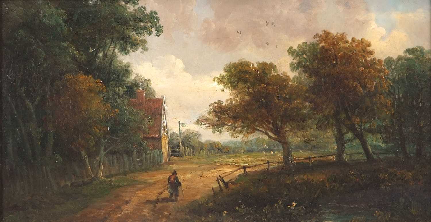John Moore (1820-1902), Royston Common, oil on canvas, unsigned, bears name plate, 29x15cm, framed - Image 3 of 3