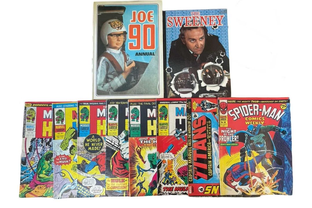A collection of various 1970s Marvel comic books, together with The Sweeney and Joe 90 hardback
