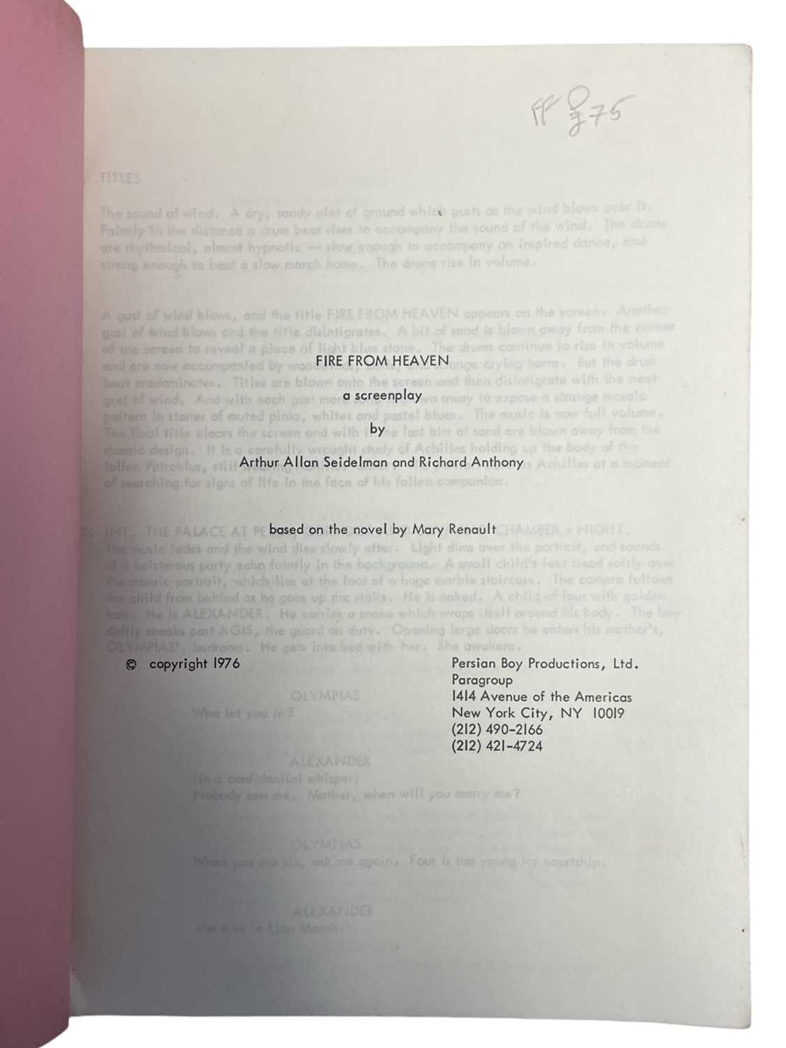 An original copy screenplay for FIRE FROM HEAVEN, based on the novel by Mary Renault. Written by - Image 3 of 3