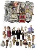 A collection of metal and ceramic dolls house furniture and accessories, homewares etc, with a