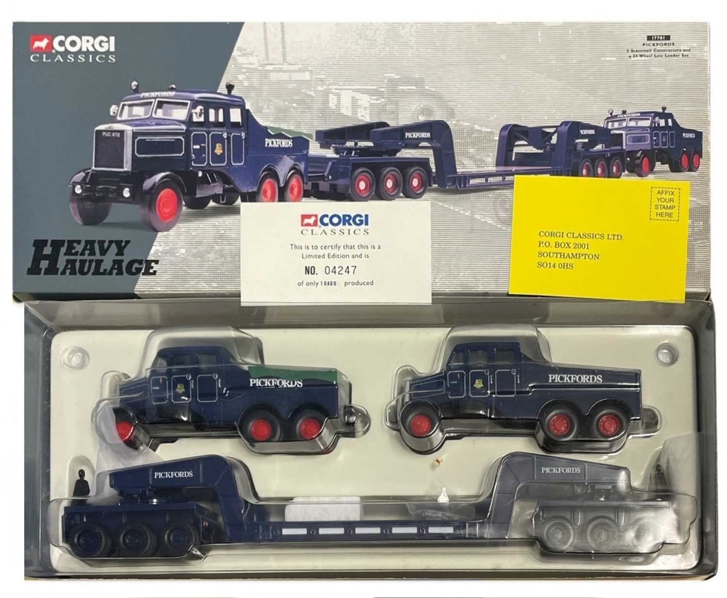 A boxed Corgi Classics 17701 Pickfords 2 Scammel Constructors and a 24 Wheel Low Loader Set, with