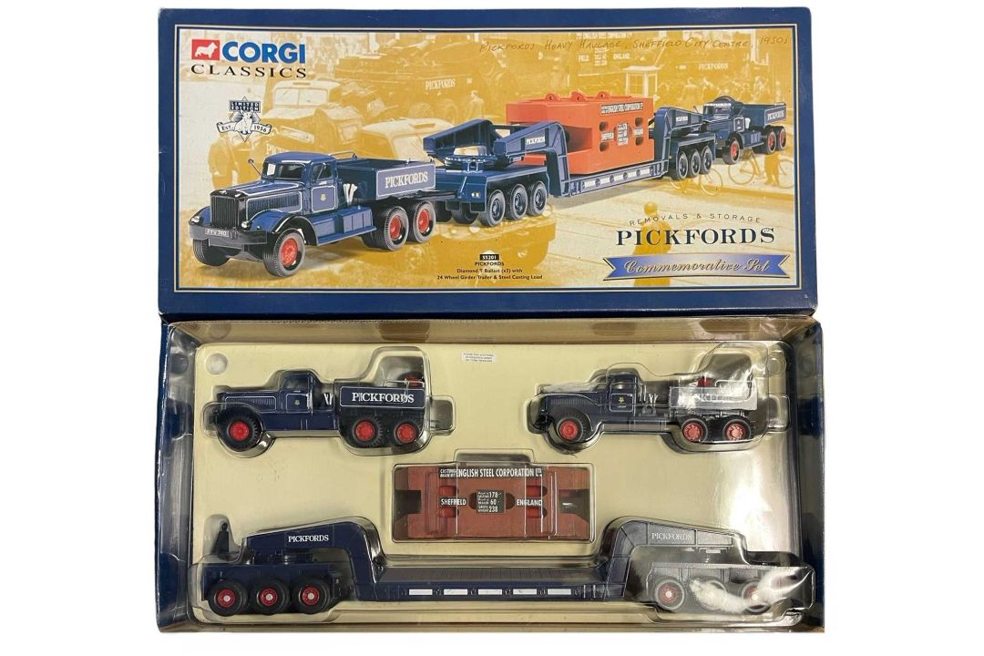 A boxed Corgi Classics 55201 Pickfords Diamond T Ballast (x2) with 24 Wheel Girder Trailer and Steel