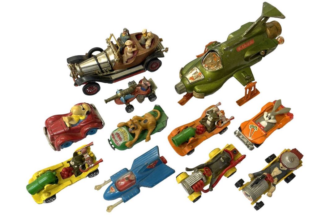 A collection of various playworn die-cast TV and Film toys, to include Chitty Chitty Bang Bang (