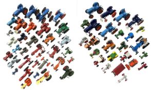 A large collection of various small scale die-cast tractor models