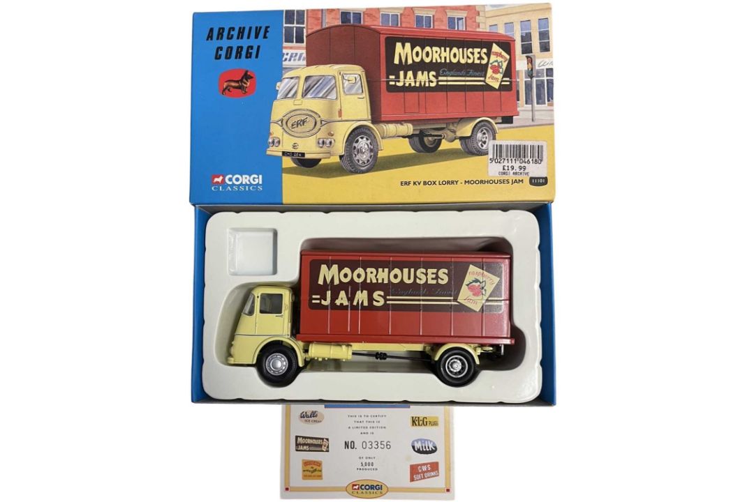 A boxed Archive Corgi 11101 ERF KV Box Lorry - Moorhouses Jam, with certificate #3356/5000