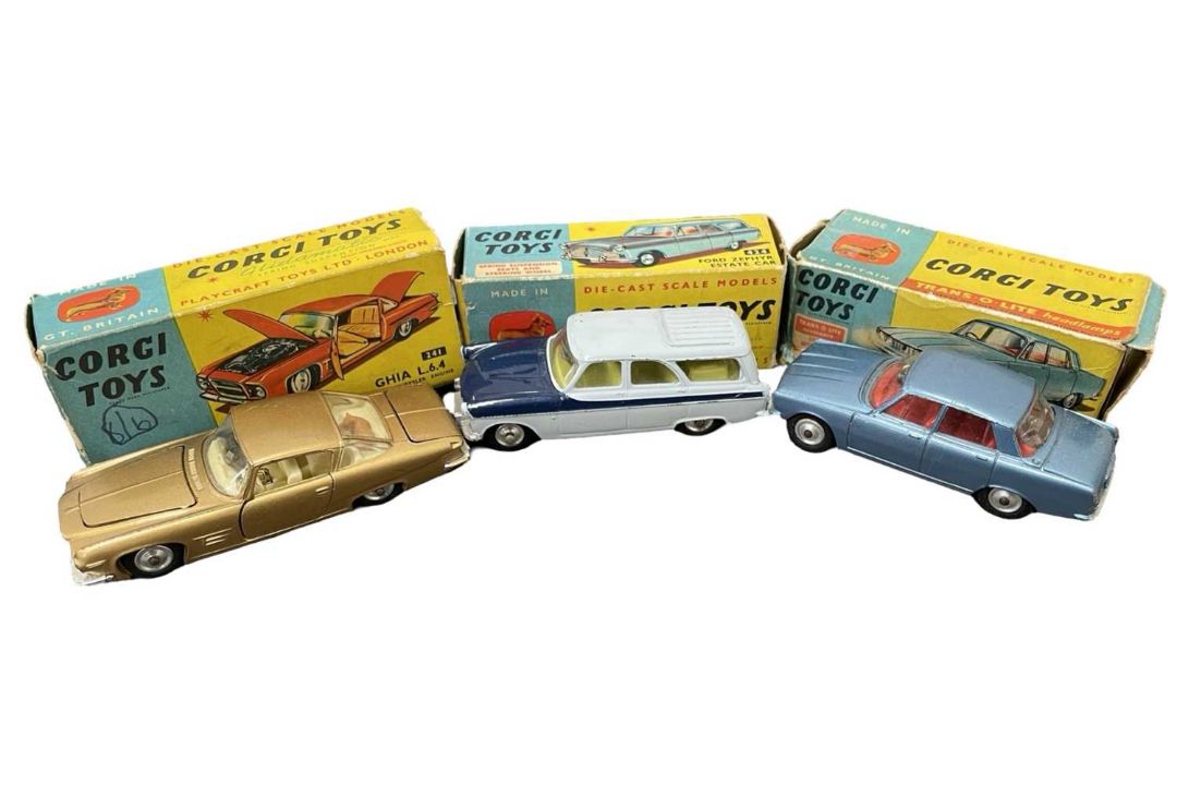 Three boxed Corgi cars, to include: - 241 Ghia L.64 with Chrysler Engine - 424 Ford Zephy Estate Car