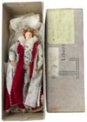 A cloth doll modelled as Queen Elizabeth I by Liberty and Co of Regent Street held within original
