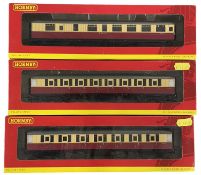 Three boxed Hornby 00 gauge coaches, to include: - R4181 BR 61ft 6in Buffet Car, E9133E - R4180 BR