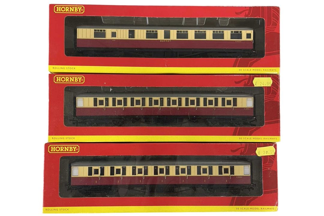 Three boxed Hornby 00 gauge coaches, to include: - R4181 BR 61ft 6in Buffet Car, E9133E - R4180 BR