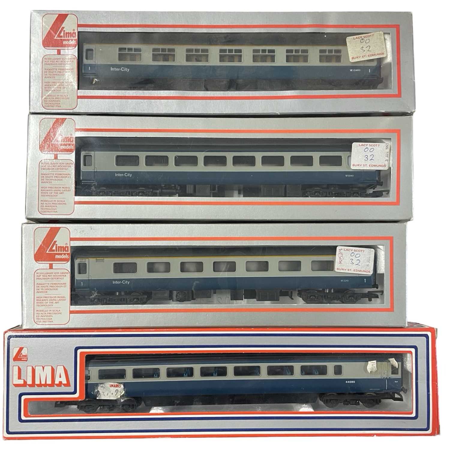 Four boxed Lima 00 gauge corridors, to include: - Intercity BR - 2CL MK - BR MK2 - MK3 Trailer Guard
