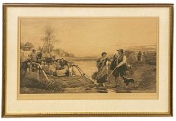 Robert Walker Macbeth RA (1848-1910) - 1901 Etching. Ferry Crossing/boarding. FARWELL. Gypsies on