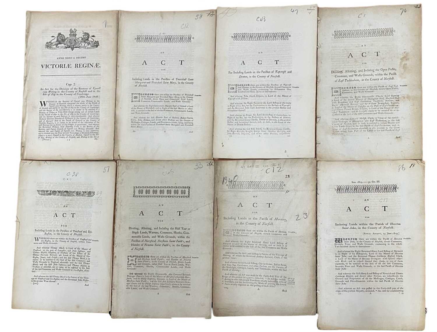 ONE PACKET: ANTIQUARIAN PARLIAMENTARY ACTS RELATING TO NORFOLK, to include: Inclosing Lands in the