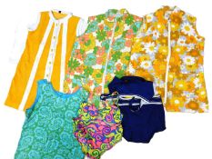 A quantity of mid 20th Century swimwear and beachwear to include two bikinis and four toweling beach