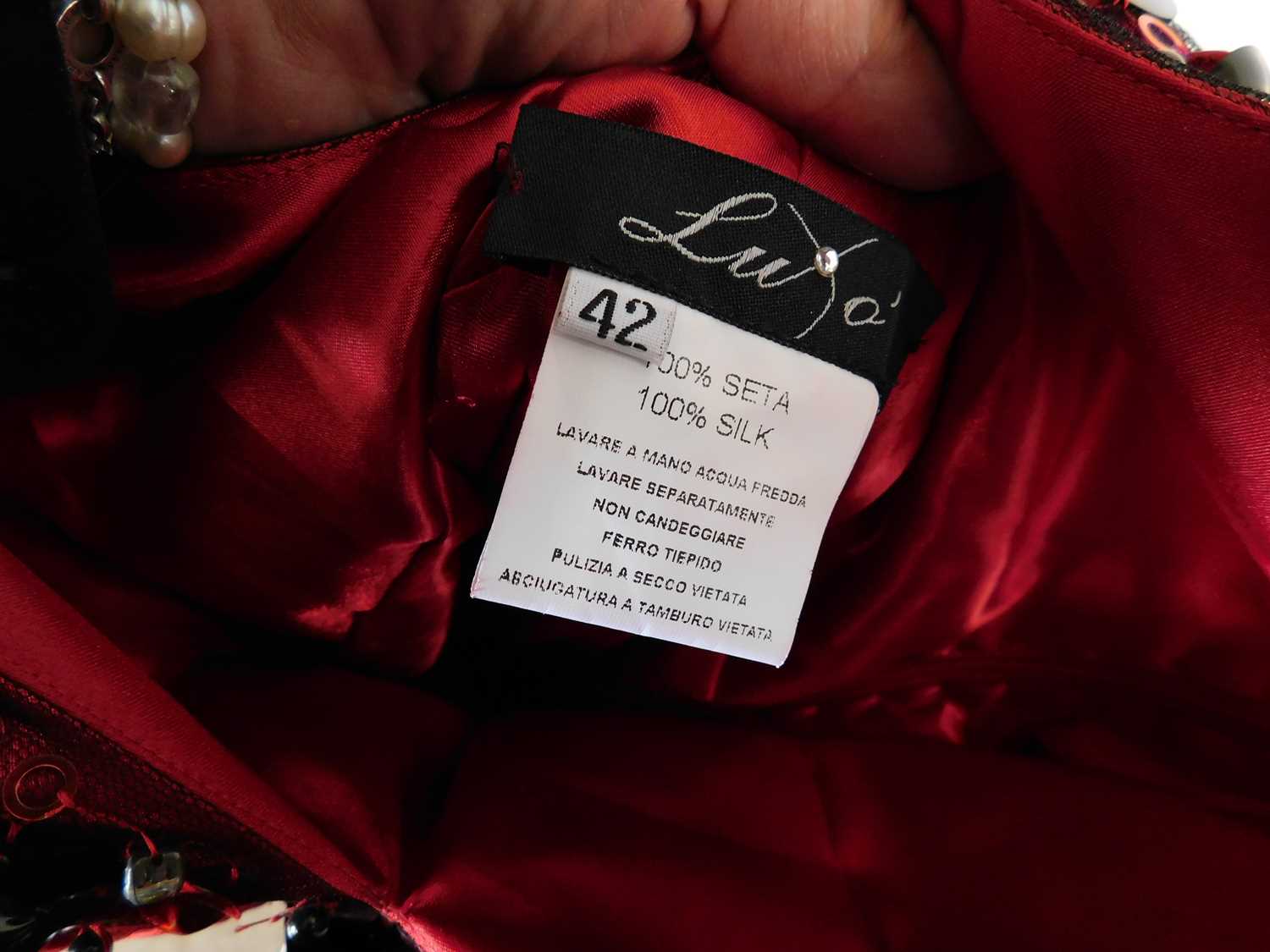 A red and black gown, the red silk with black net overlay, sleeveless with ruched bust and sequinned - Image 5 of 5