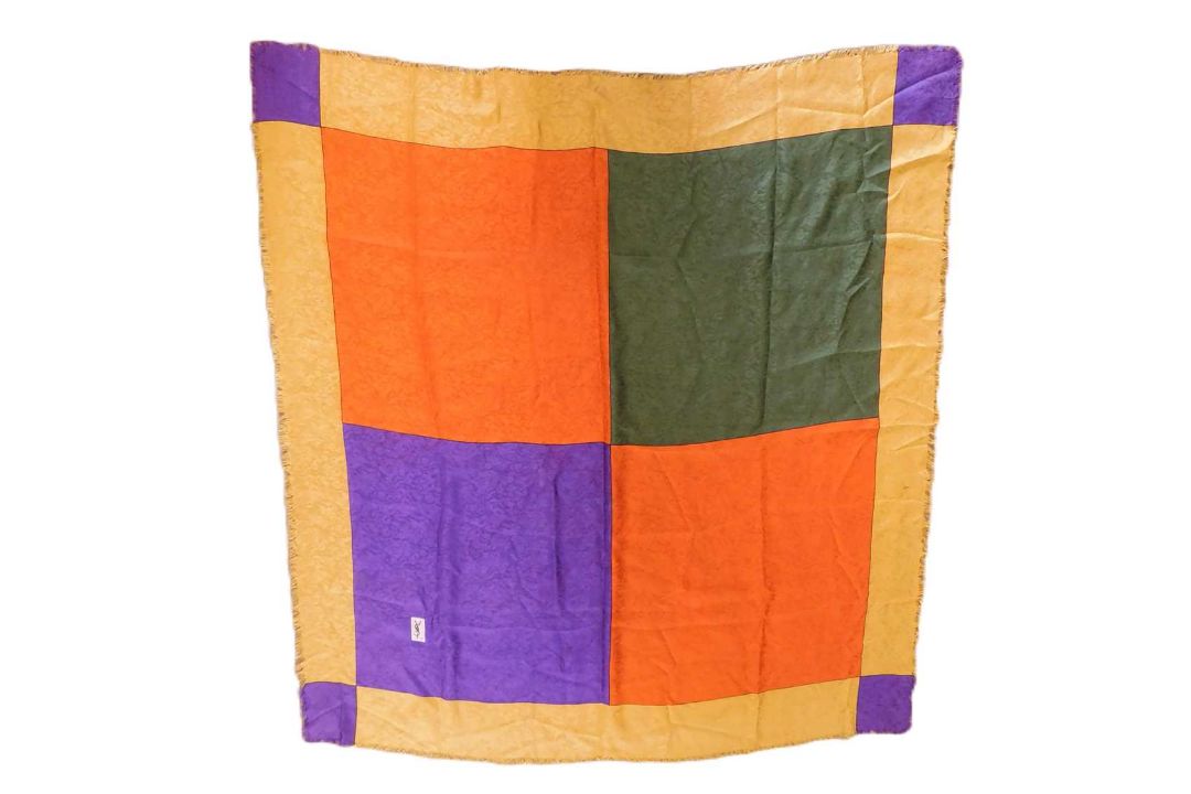 Two Yves Saint Laurent scarves, one in Autumnal satin with fringed edging, approx. 130 x 137cm, - Image 5 of 10