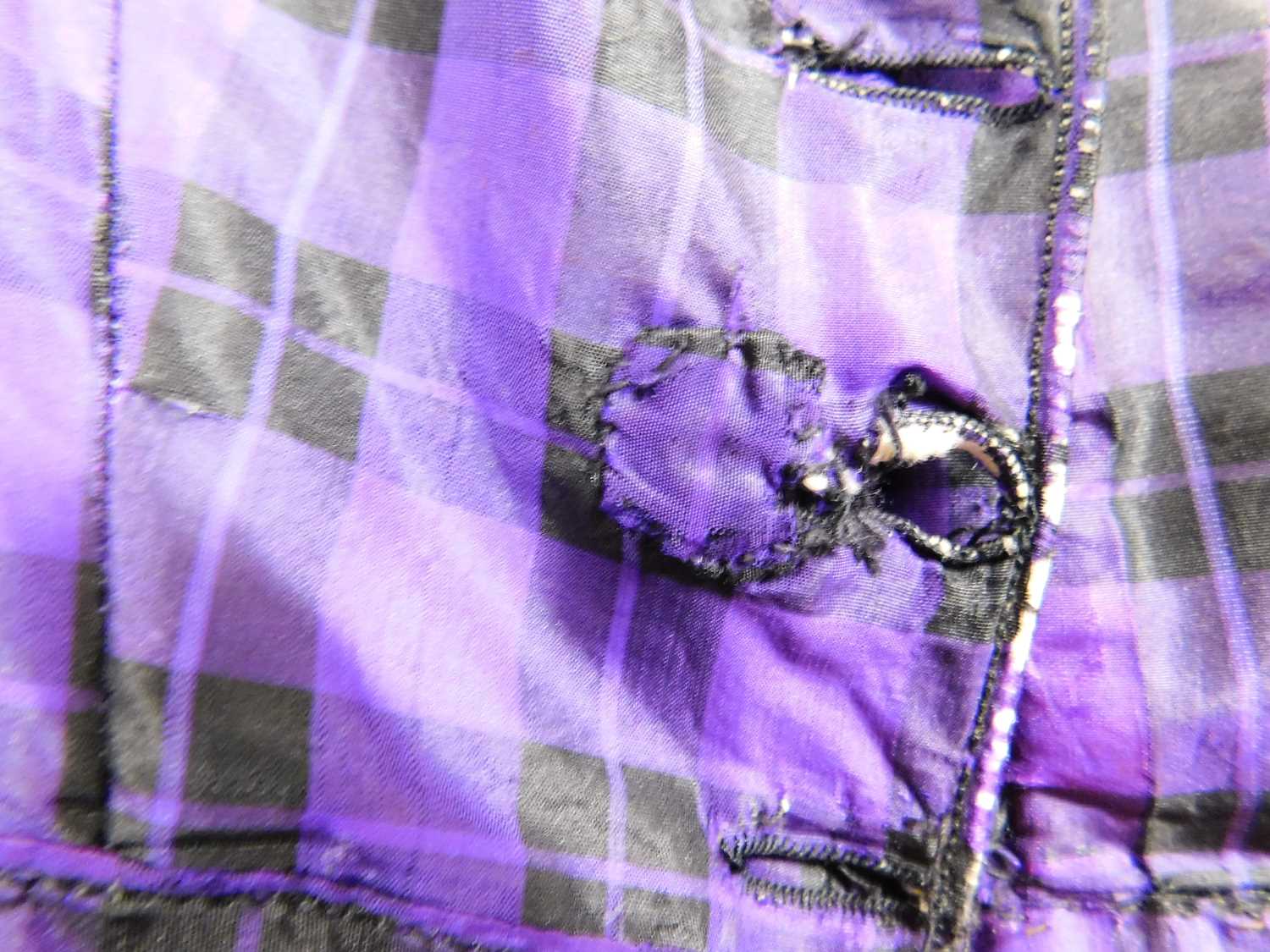 A lady's late Victorian purple check day dress, with button front, full skirt, sash waist, braided - Image 10 of 12