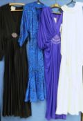 Four circa 1970's/80's evening dresses: to include a cream sleeveless cowl neck dress by Shubette, a