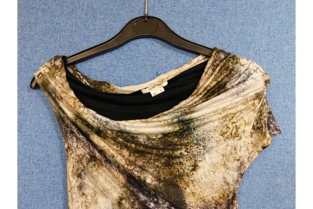 A sleeveless abstract pattern dress by Helmut Lang with asymmetrical cowl neck front, size S - Image 2 of 2